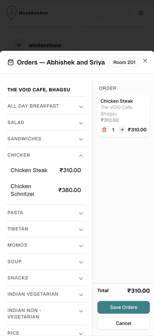 HostAnchor F&B order management